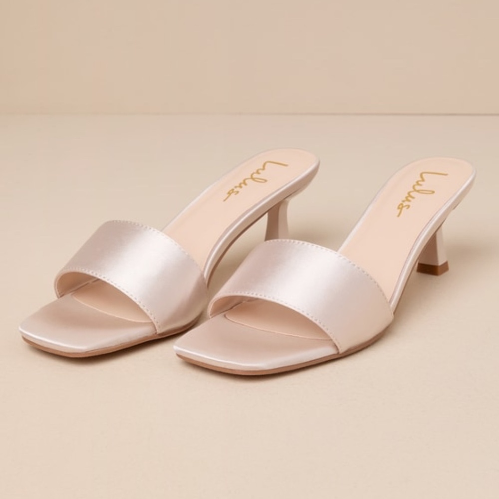 Lulus Rosmarine Champagne Satin Square-toe High Heel Slide Sandals